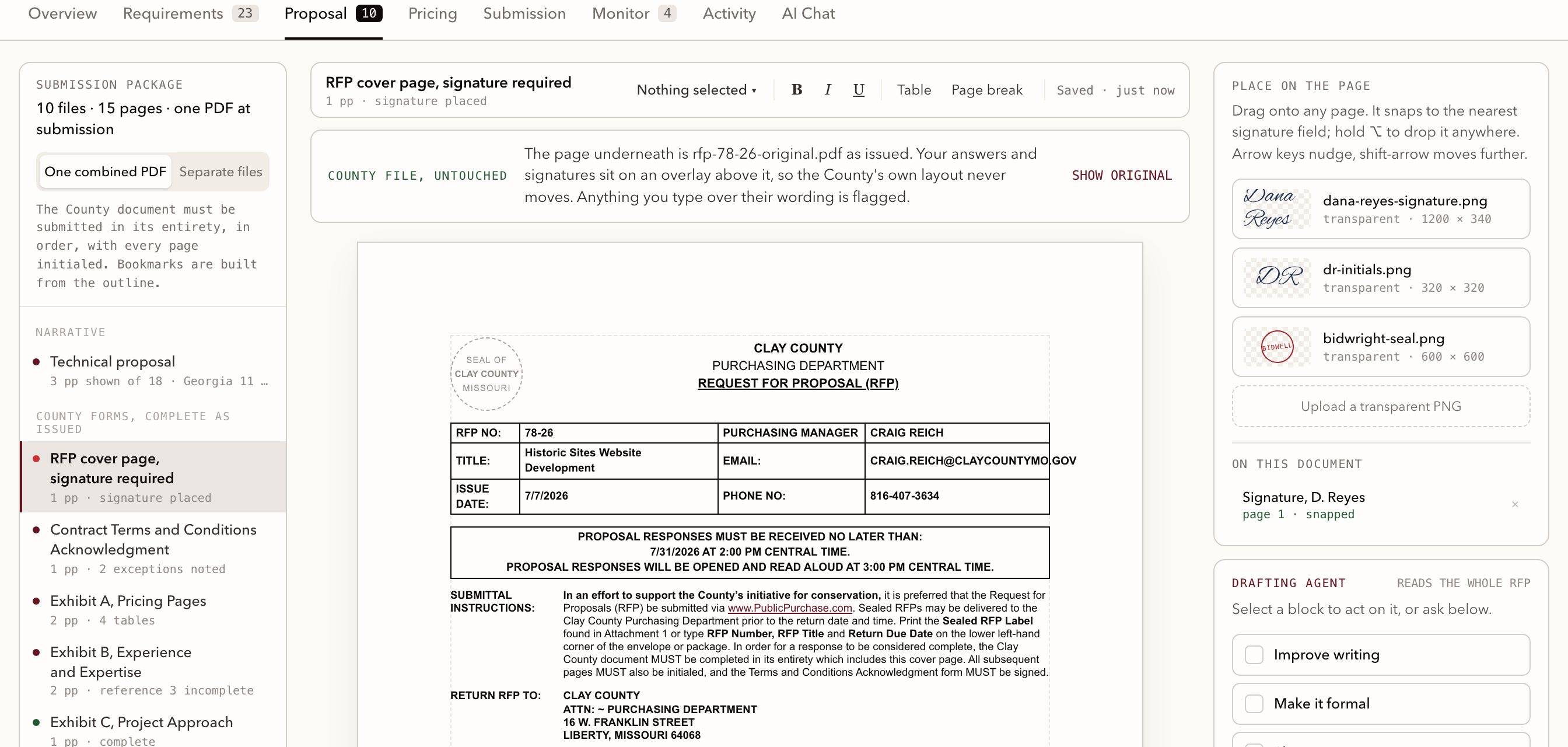 The Proposal tab: Clay County's own request for proposal cover page rendered exactly as issued, with the answers and the signature sitting on an overlay above it